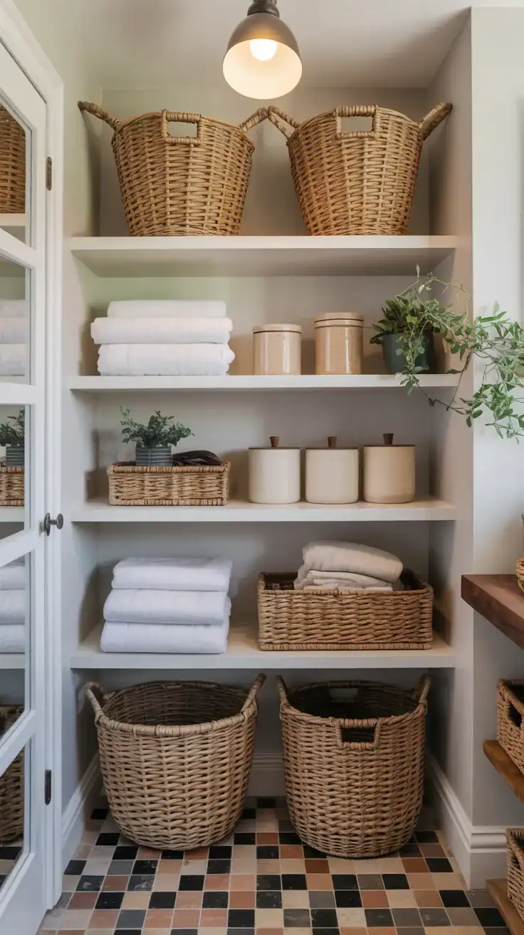 Open shelving in laundry mudroom styled with woven baskets, folded towels, and ceramic containers