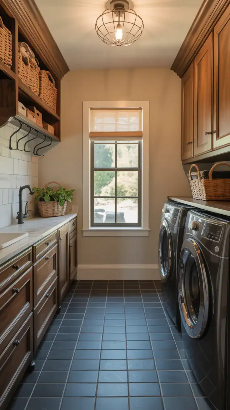 Laundry mudroom with durable porcelain tile flooring, black hardware, and warm wood accents