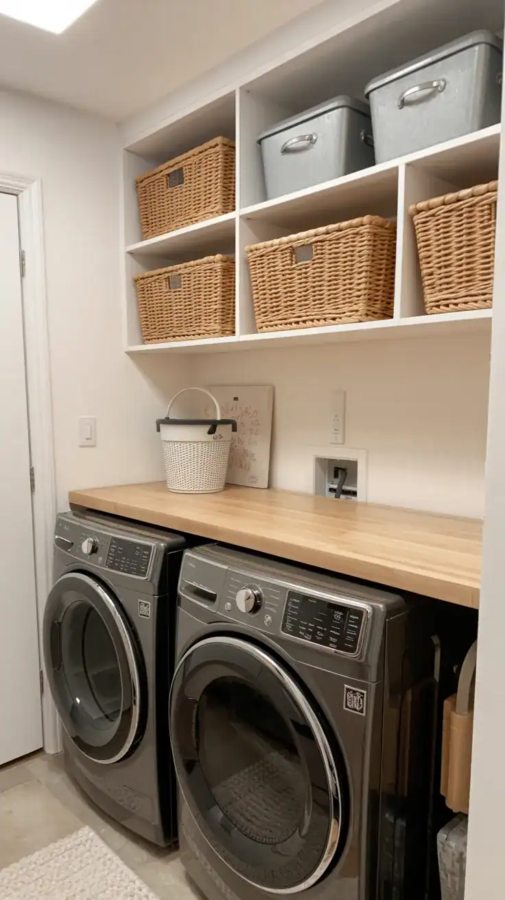 Laundry room with butcher block folding counter above front loading washer and dryer