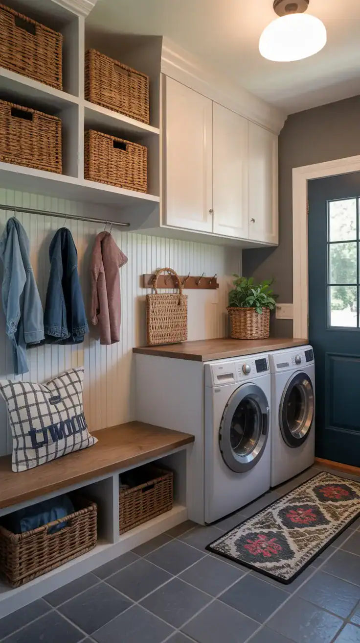 Laundry and mudroom combo with separate storage zones, bench seating, and organized utility layout