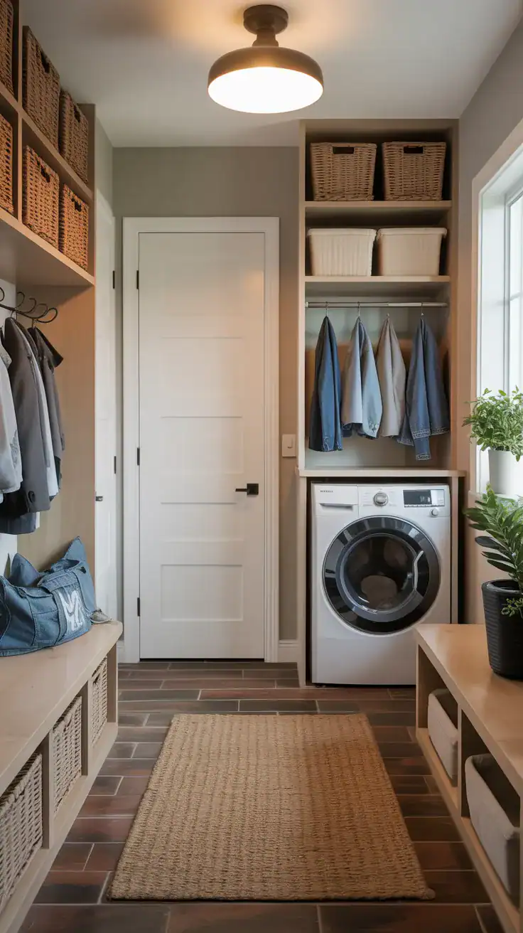 Laundry mudroom with warm pendant lighting, wall sconces, and cozy neutral decor
