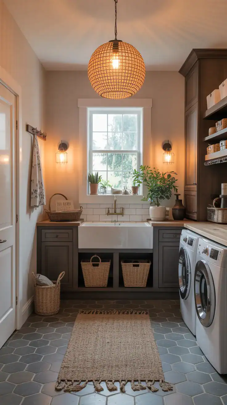 Woven seagrass baskets styled in farmhouse laundry mudroom with oak shelving