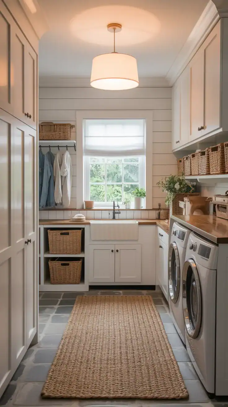 Bright uncluttered laundry mudroom with neutral farmhouse styling and soft layered lighting