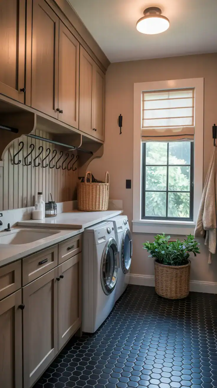 Neutral mudroom laundry space with matte black hooks, black hardware, and wood cabinetry