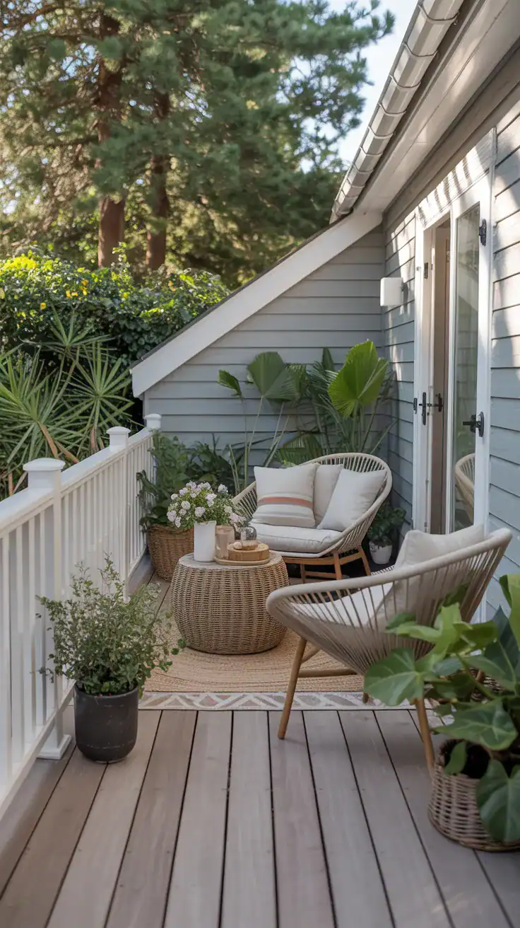 Small backyard deck with greige deck boards, soft white railings, cozy seating, and bright airy outdoor styling