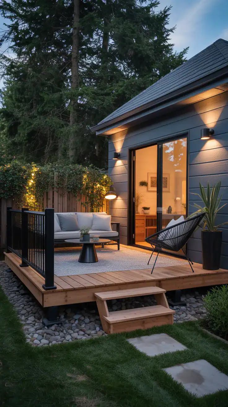 Compact cedar deck with matte black railings, modern outdoor furniture, and warm evening lighting