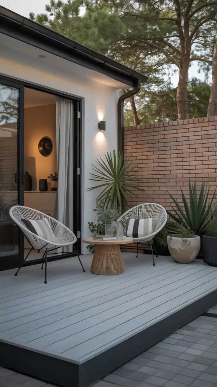 Small pale gray deck with charcoal border framing and minimalist modern outdoor decor