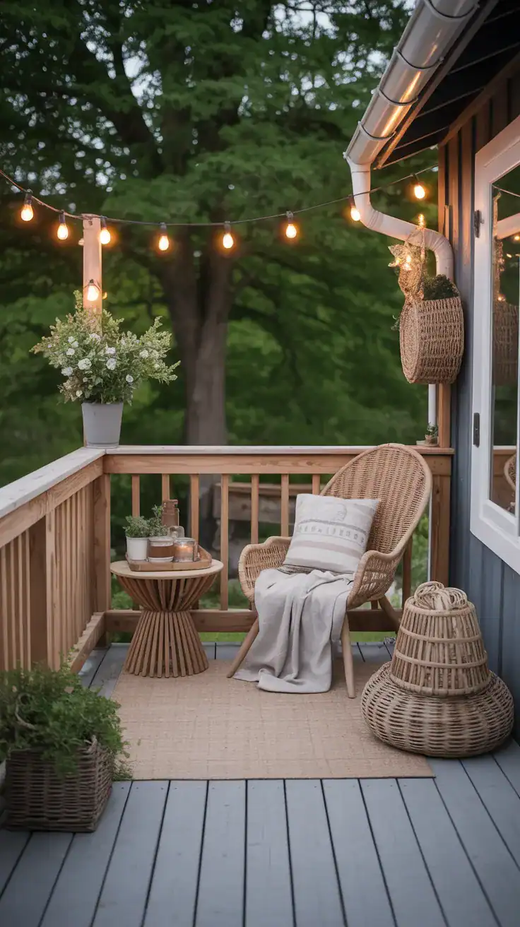 Small weathered gray deck with natural wood railings and cozy farmhouse outdoor decor
