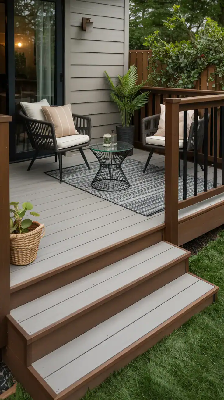 Small composite deck with cream gray decking, espresso framing, and modern layered outdoor decor