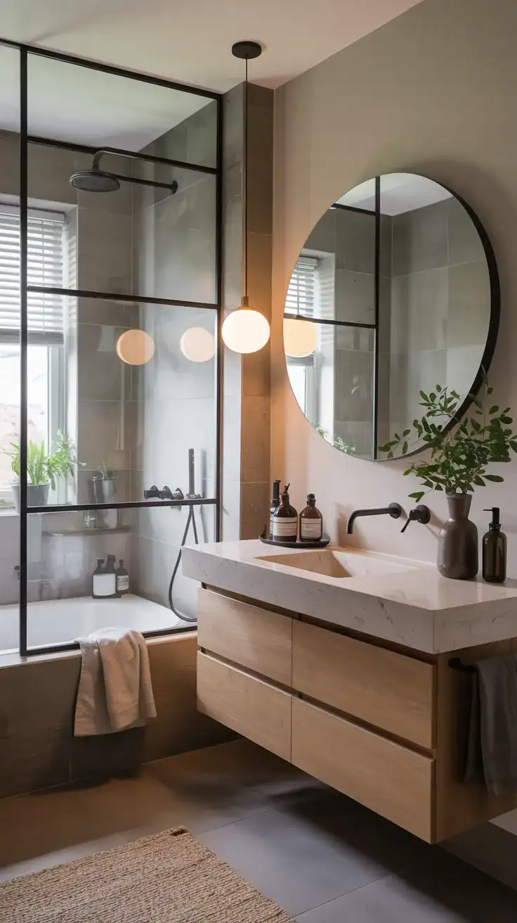 Scandinavian ensuite bathroom with floating oak vanity, stone countertop, and soft neutral styling