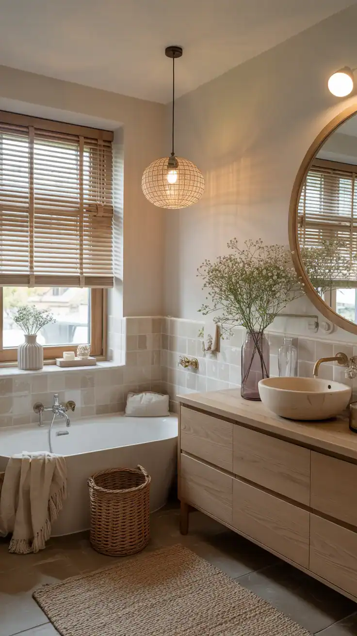 Scandinavian ensuite with warm white walls, pale beige tones, and layered neutral textures