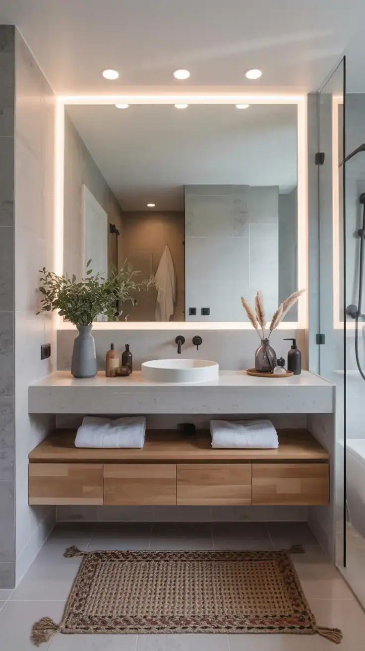 Large mirror above floating vanity in bright Scandinavian ensuite bathroom