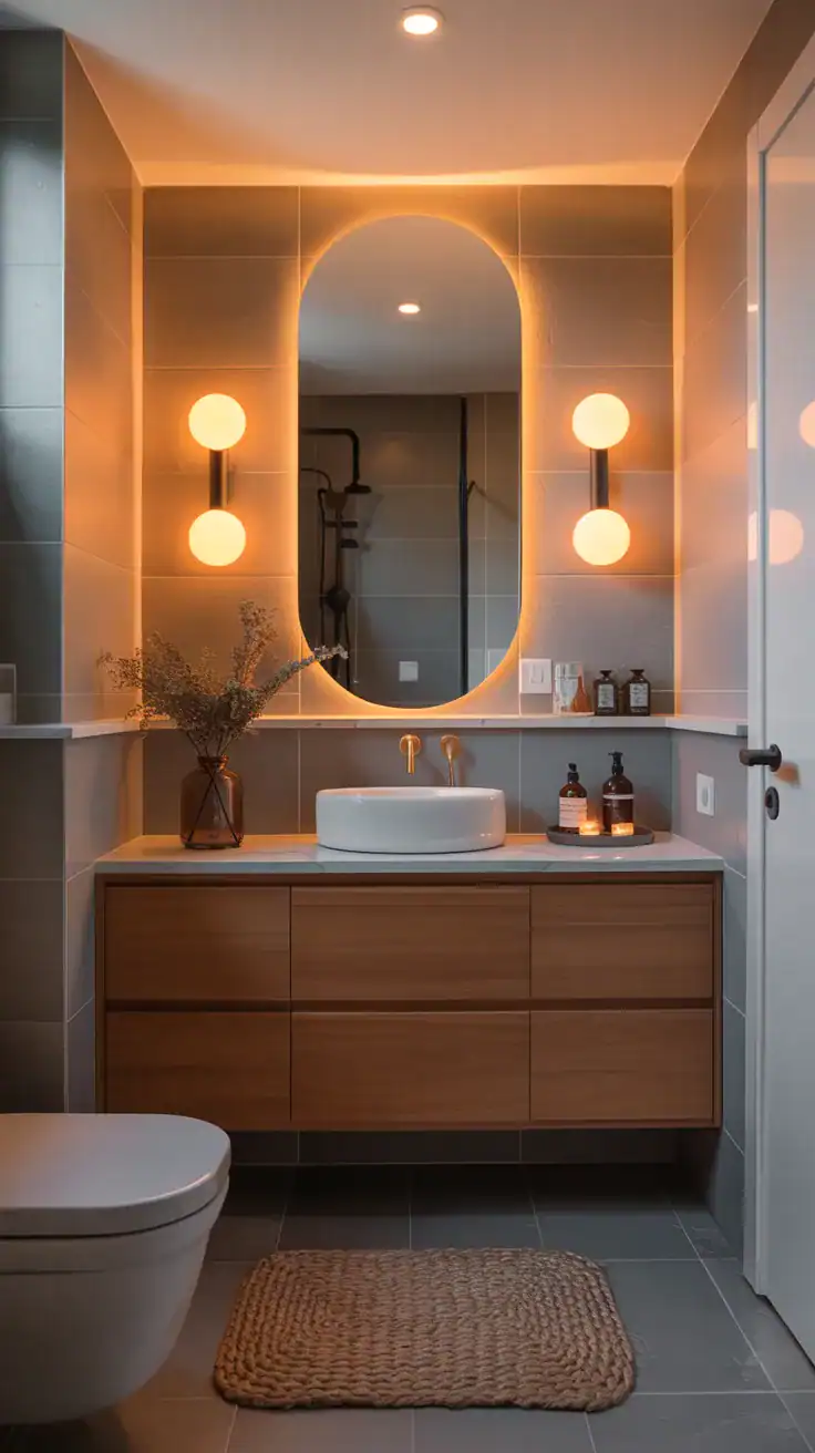 Scandinavian ensuite bathroom with warm wall sconces, ambient lighting, and cozy spa atmosphere