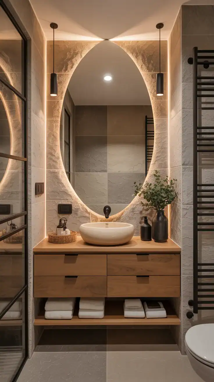 Scandinavian ensuite bathroom with natural stone walls, oak vanity, and minimalist styling