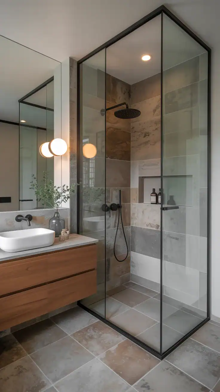 Walk in glass shower in Scandinavian ensuite with neutral stone tiles and minimalist design