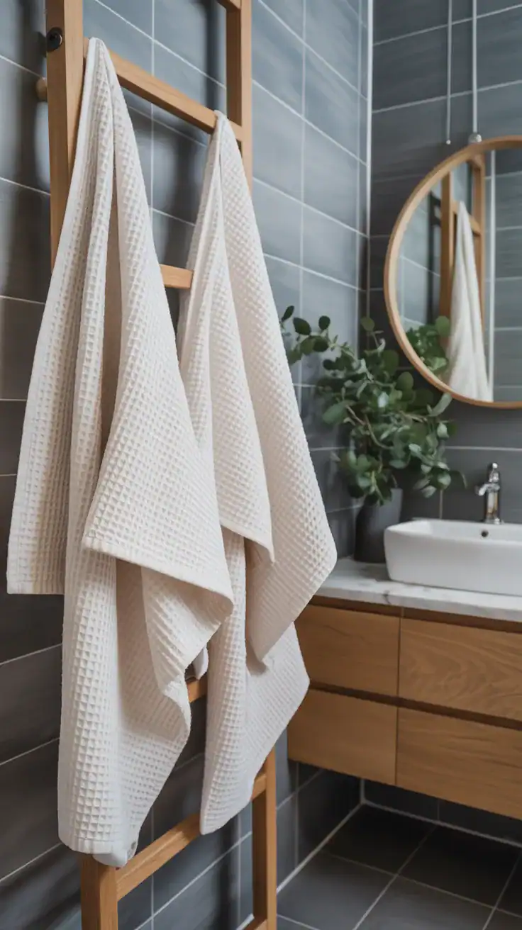 Waffle cotton towels displayed in Scandinavian ensuite bathroom with oak accents