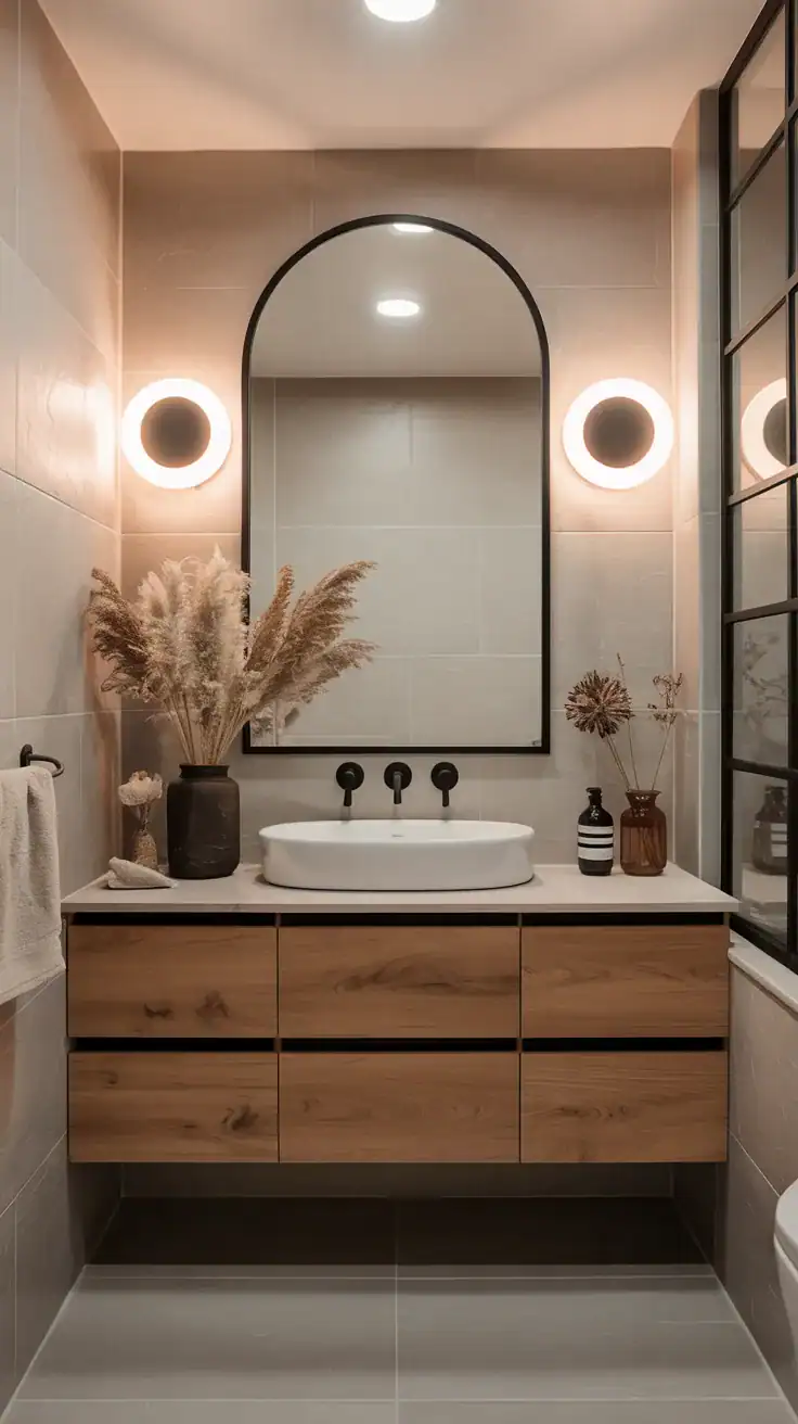 Scandinavian ensuite bathroom with matte black faucets, oak vanity, and warm neutral palette