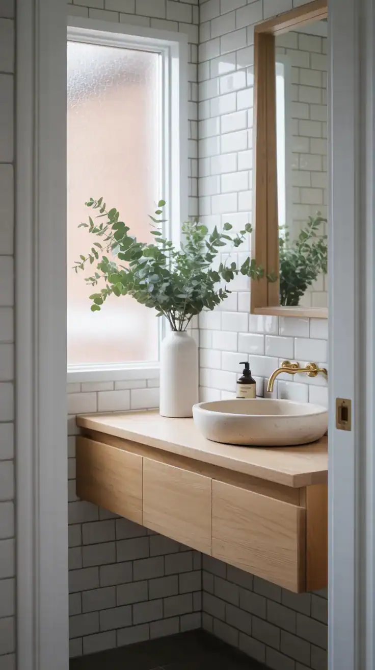 Scandinavian ensuite with eucalyptus branches, ceramic vase, and natural wood details