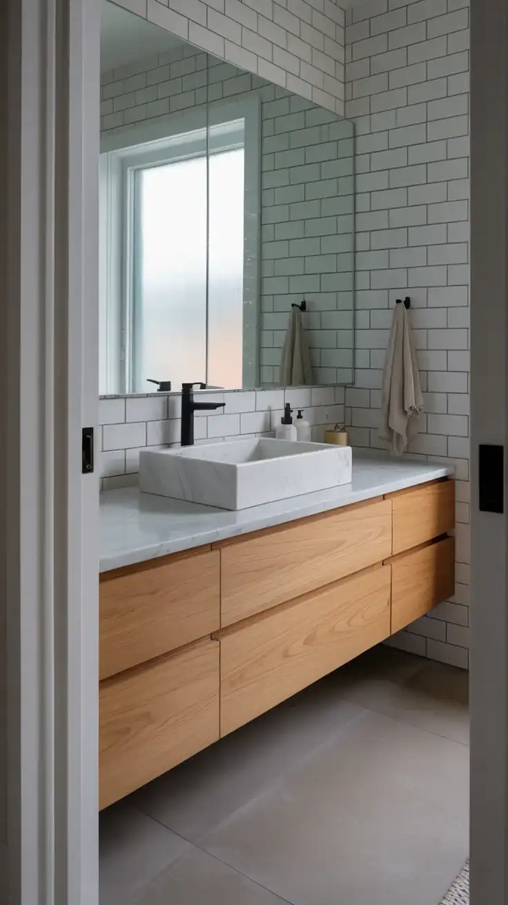 Scandinavian ensuite bathroom with hidden vanity storage and uncluttered countertops