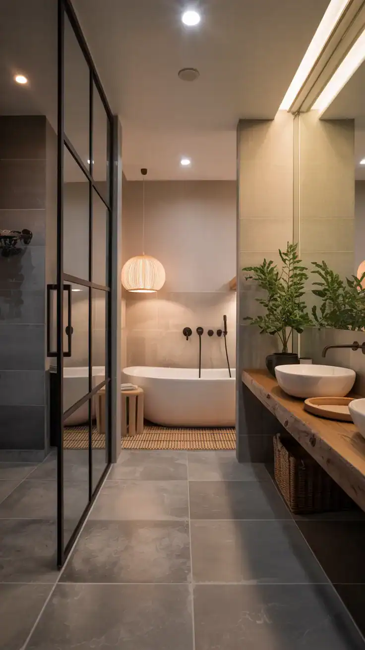 Large format stone tiles in Scandinavian ensuite bathroom creating a seamless modern appearance