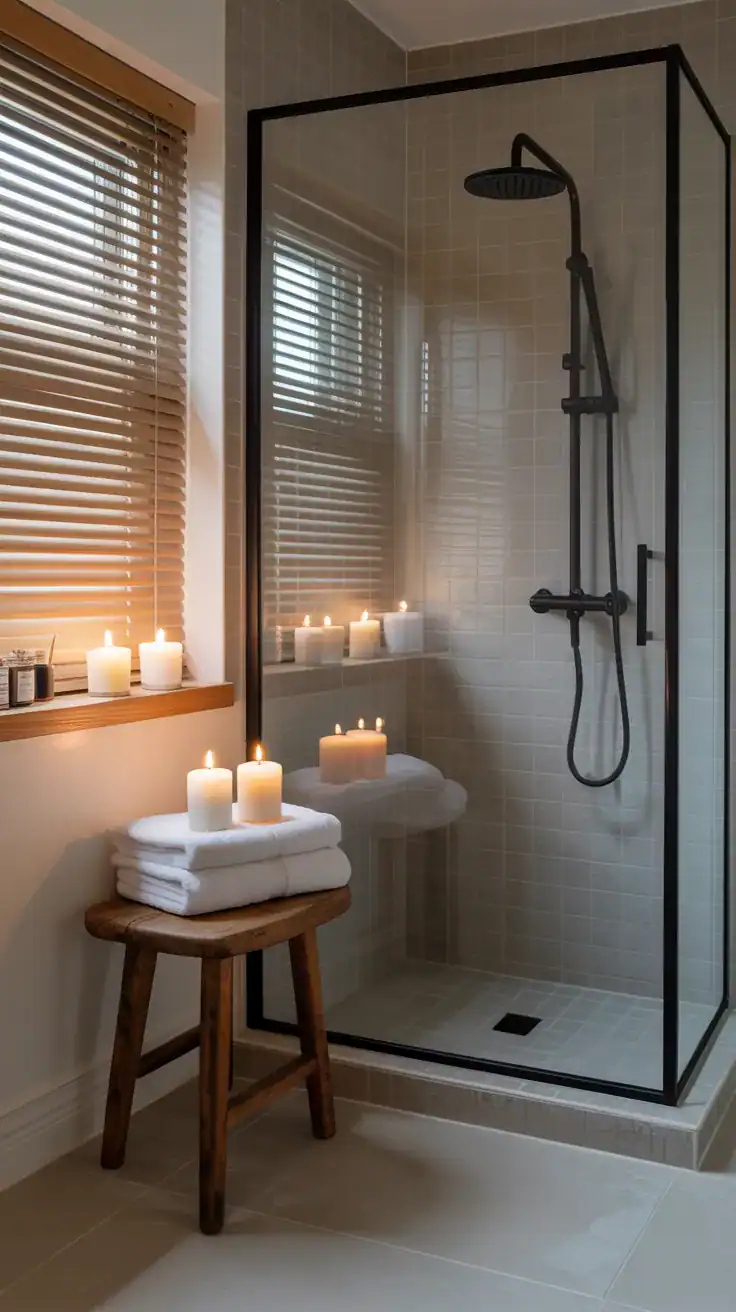 Oak bath stool styled beside shower with folded towels and candles in Scandinavian ensuite