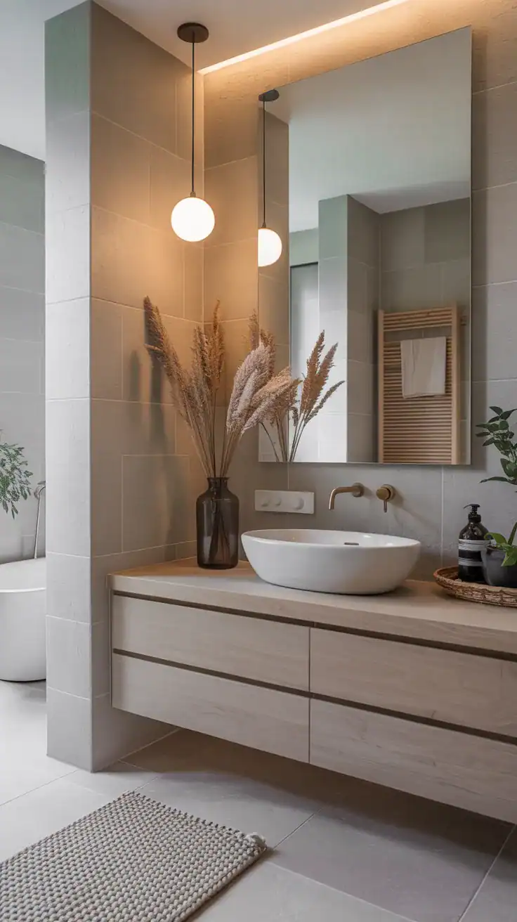 Calm Scandinavian ensuite bathroom with minimalist decor, pale wood accents, and luxurious spa atmosphere