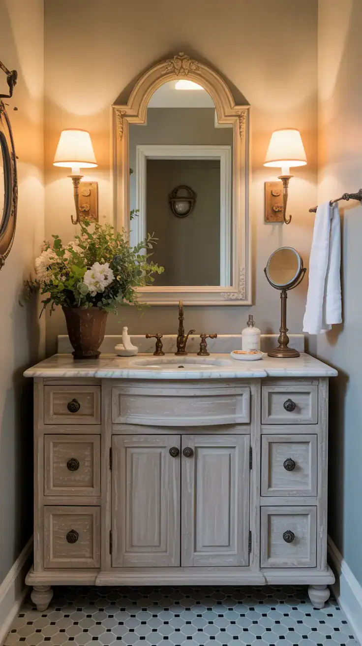 French country bathroom with weathered oak vanity, marble countertop, antique brass faucet, and warm neutral walls