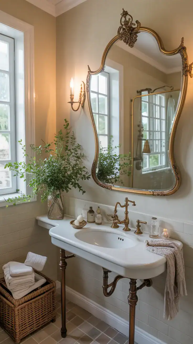 French country bathroom featuring antique brass fixtures, curved mirror, and soft cream walls