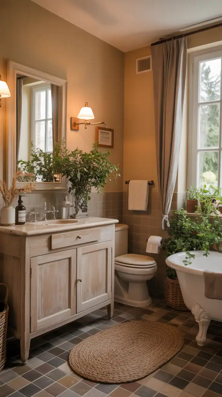 Warm French country bathroom with creamy walls, wood vanity, and soft natural light