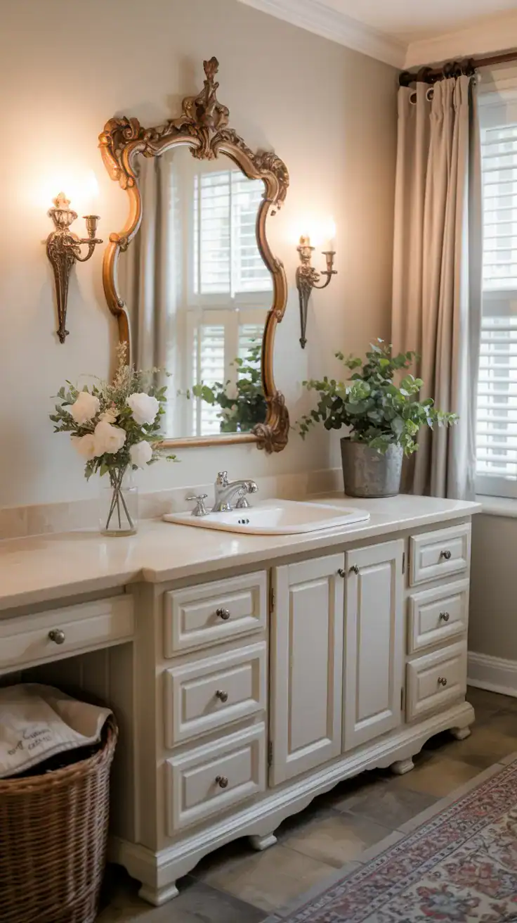 French country vanity area with antique brass wall sconces and decorative mirror
