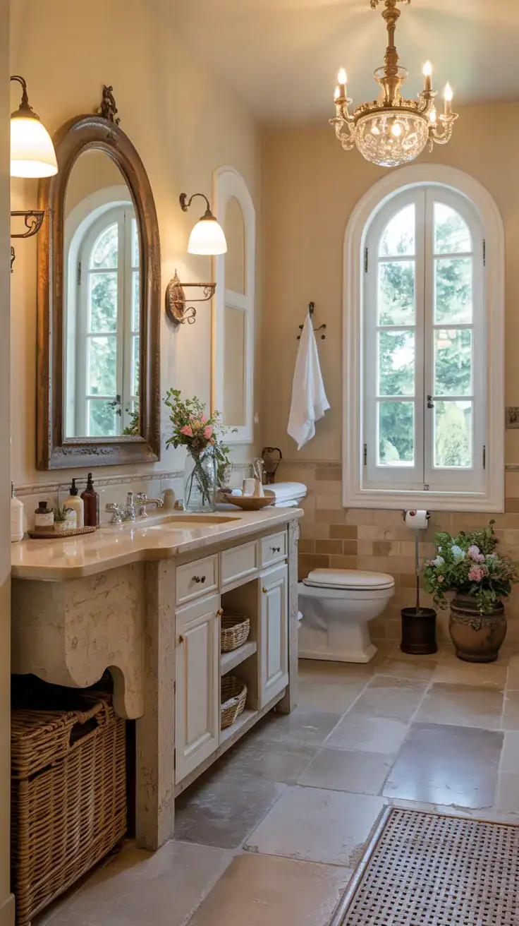 French country bathroom with travertine flooring, stone vanity top, and brass details