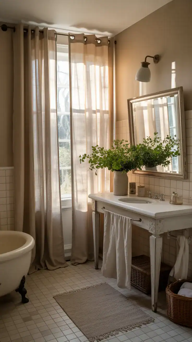 French country bathroom with flowing linen curtains, antique mirror, and warm natural lighting