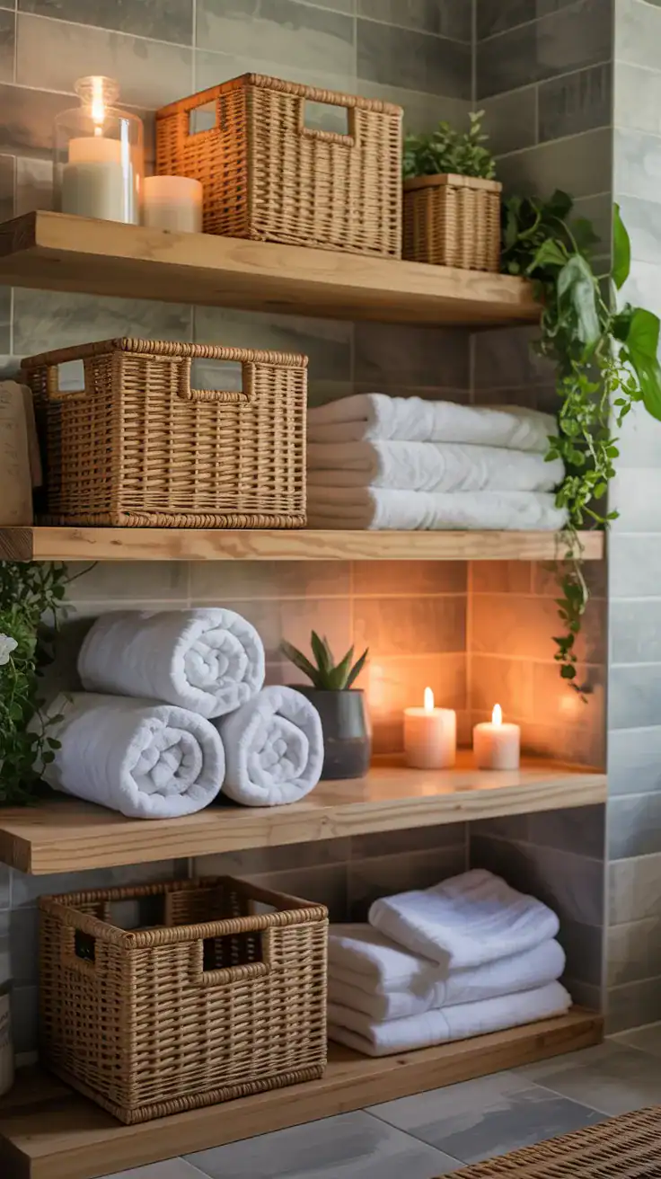 Open wooden bathroom shelves styled with woven baskets, folded towels, and candles