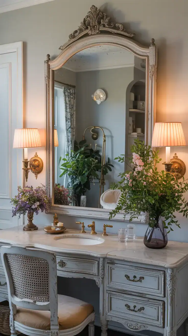 Curved antique mirror above a French country vanity with brass wall sconces