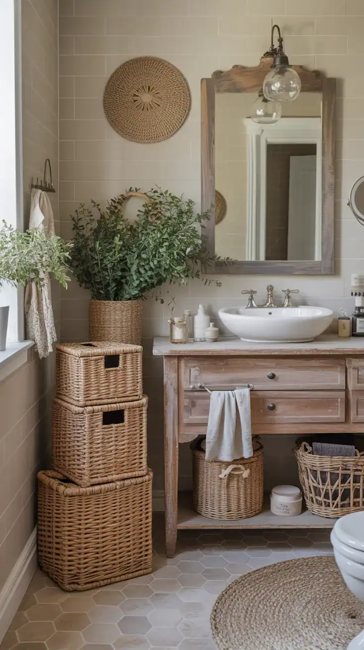 French country bathroom with woven storage baskets beside a wooden vanity