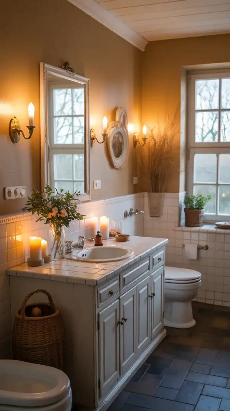 Cozy French country bathroom illuminated by warm sconces, candlelight, and natural daylight