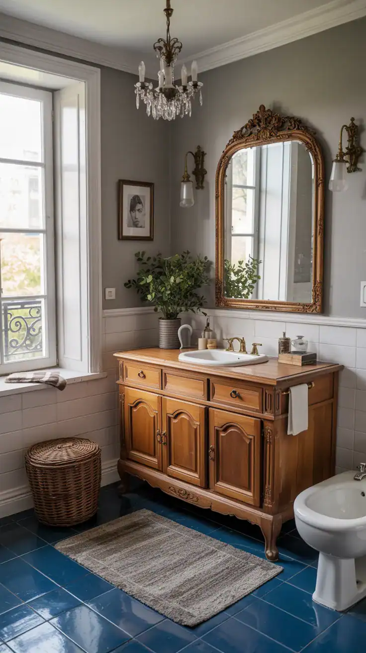 French country bathroom blending vintage wood furniture, antique mirror, brass fixtures, and modern lighting for a collected look