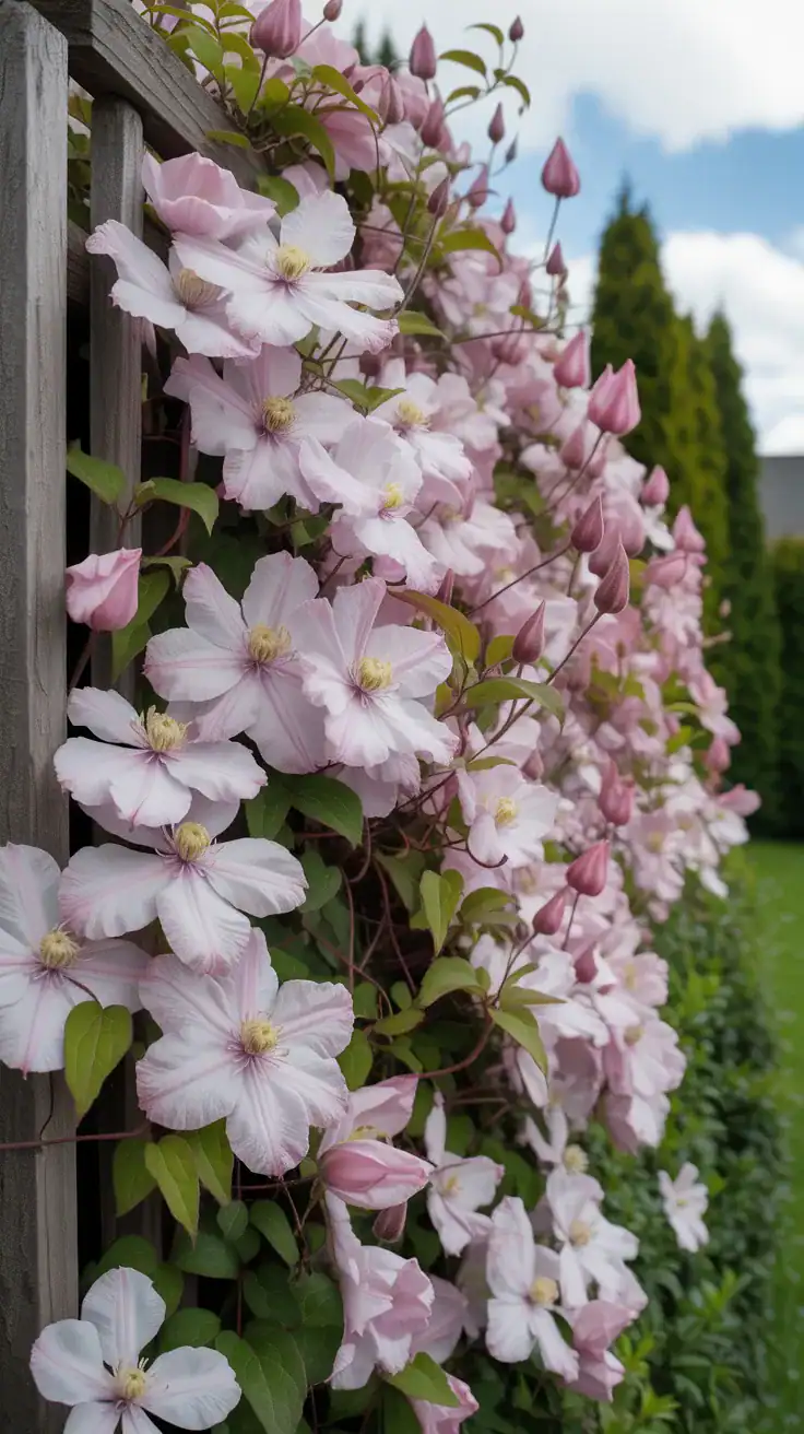 Clematis Montana covered garden fence with masses of pale pink flowers in spring