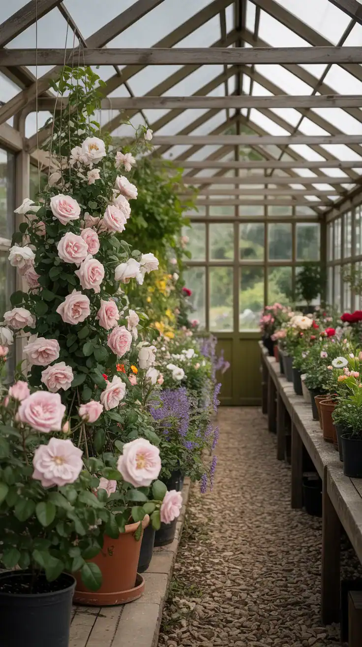 Cottage garden nursery greenhouse filled with climbing roses, clematis, and flowering vines