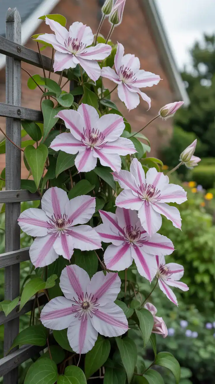 Clematis Nelly Moser with large pink striped flowers climbing a cottage garden trellis