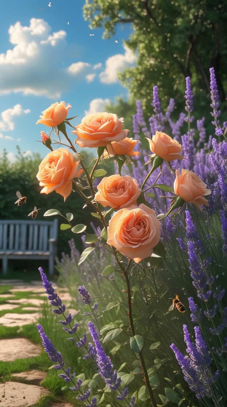 Lady of Shalott rose with warm apricot blooms growing beside lavender in an English cottage garden