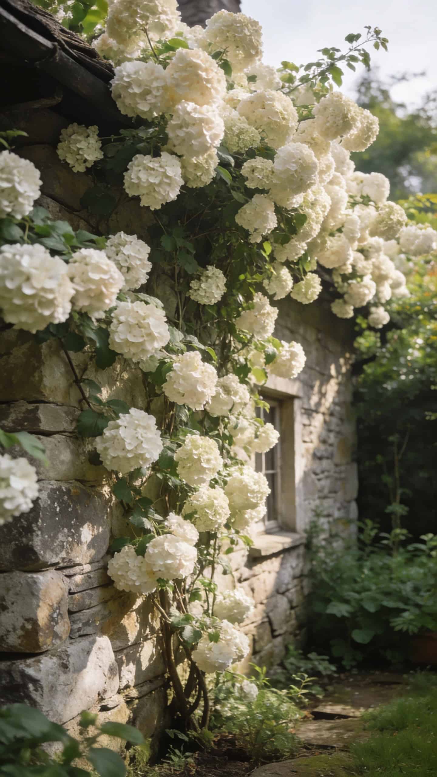 Climbing hydrangea with creamy white flowers covering a shaded stone cottage garden wall