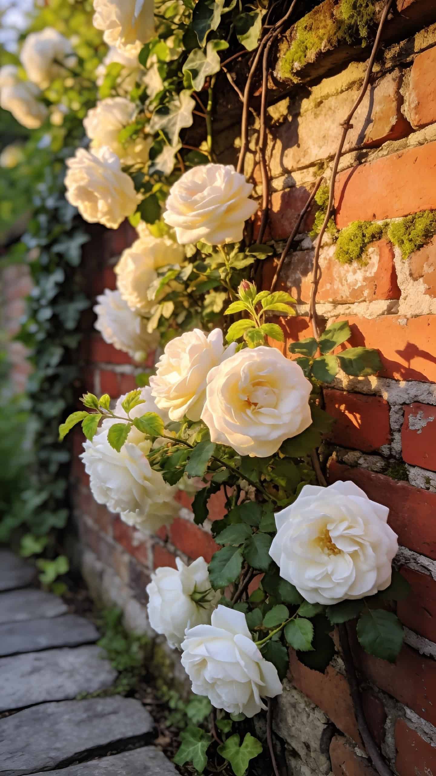 Madame Alfred Carrière climbing rose with creamy white blooms growing against an old brick cottage garden wall