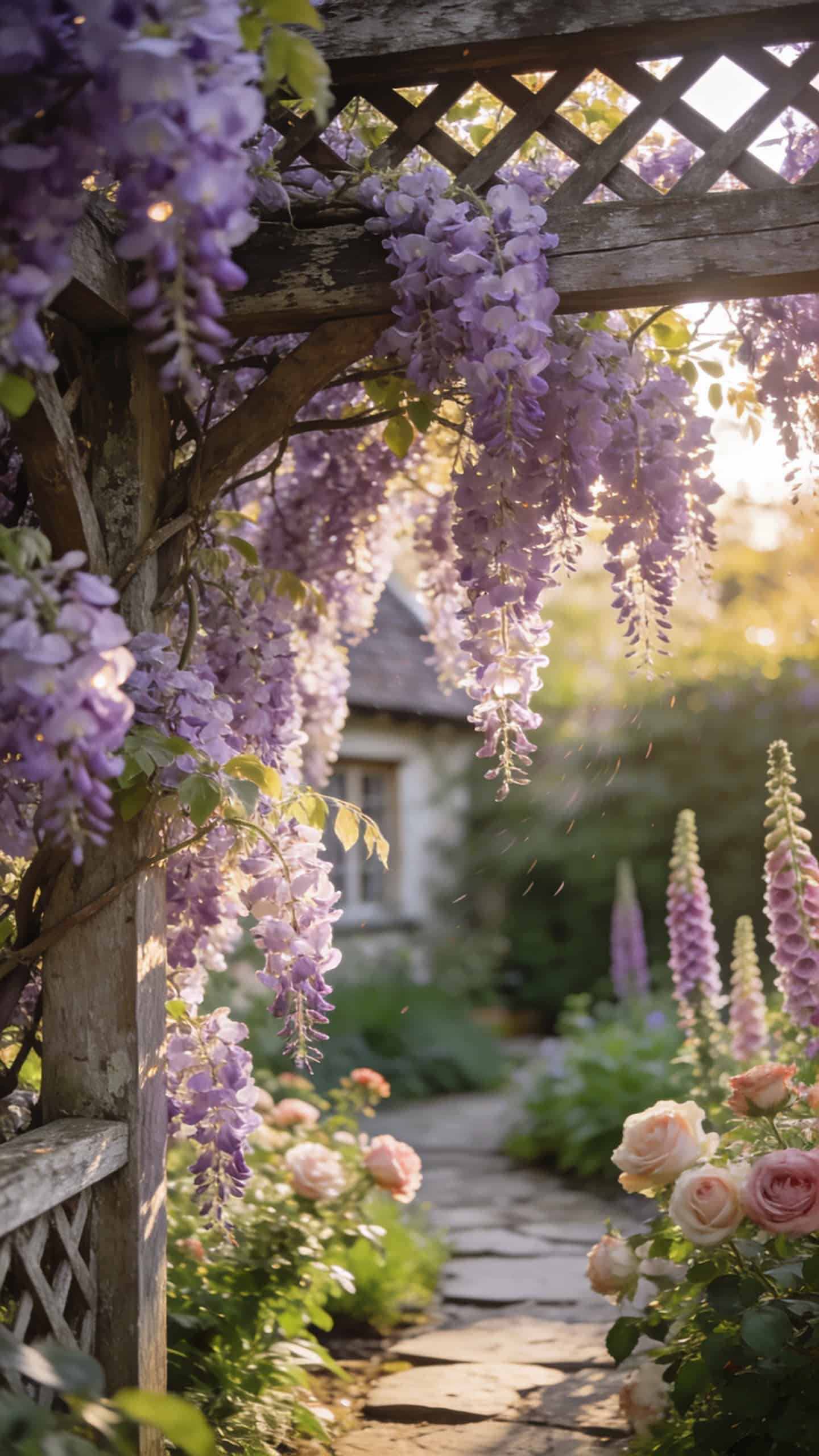 Wisteria cascading over wooden pergola in classic English cottage garden