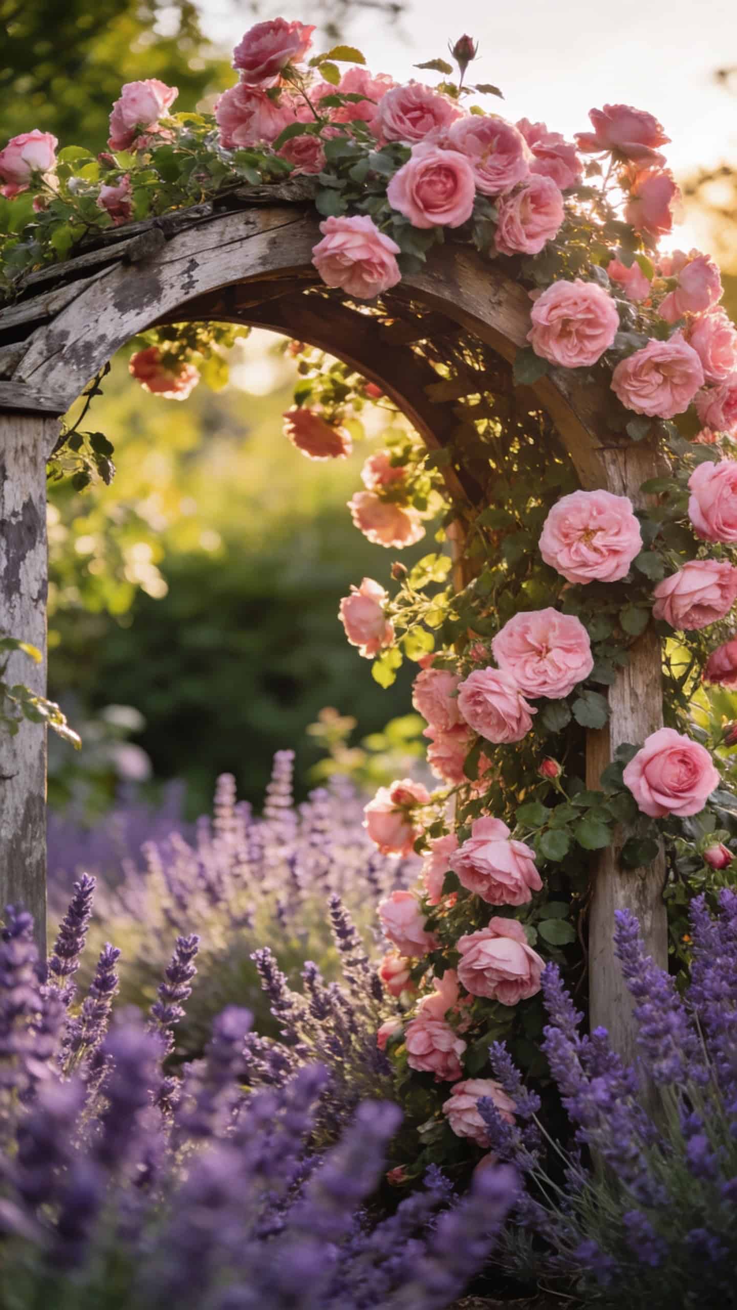 The Generous Gardener climbing rose on English garden arch surrounded by lavender