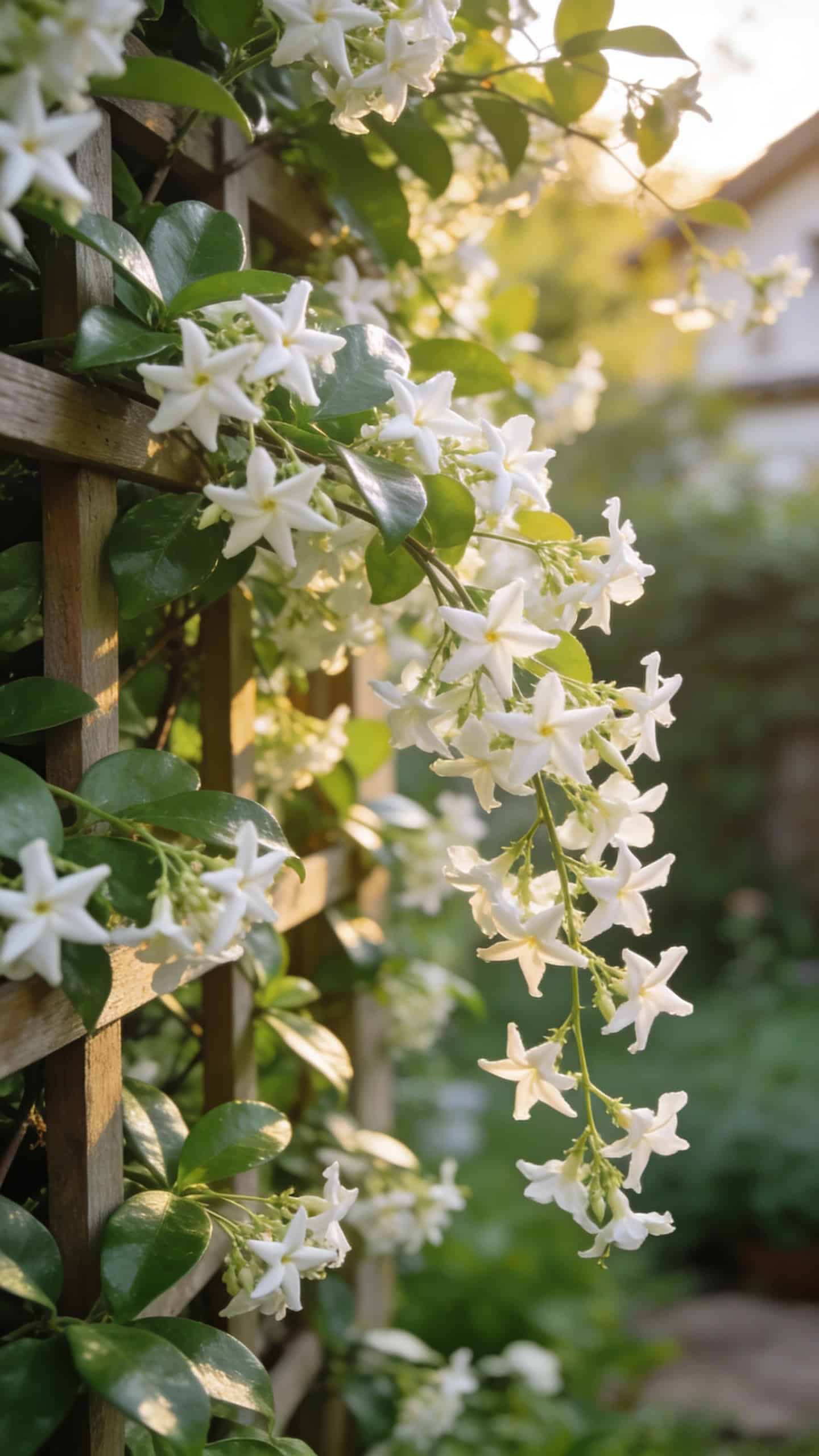Star jasmine vine covering cottage garden trellis with fragrant white flowers
