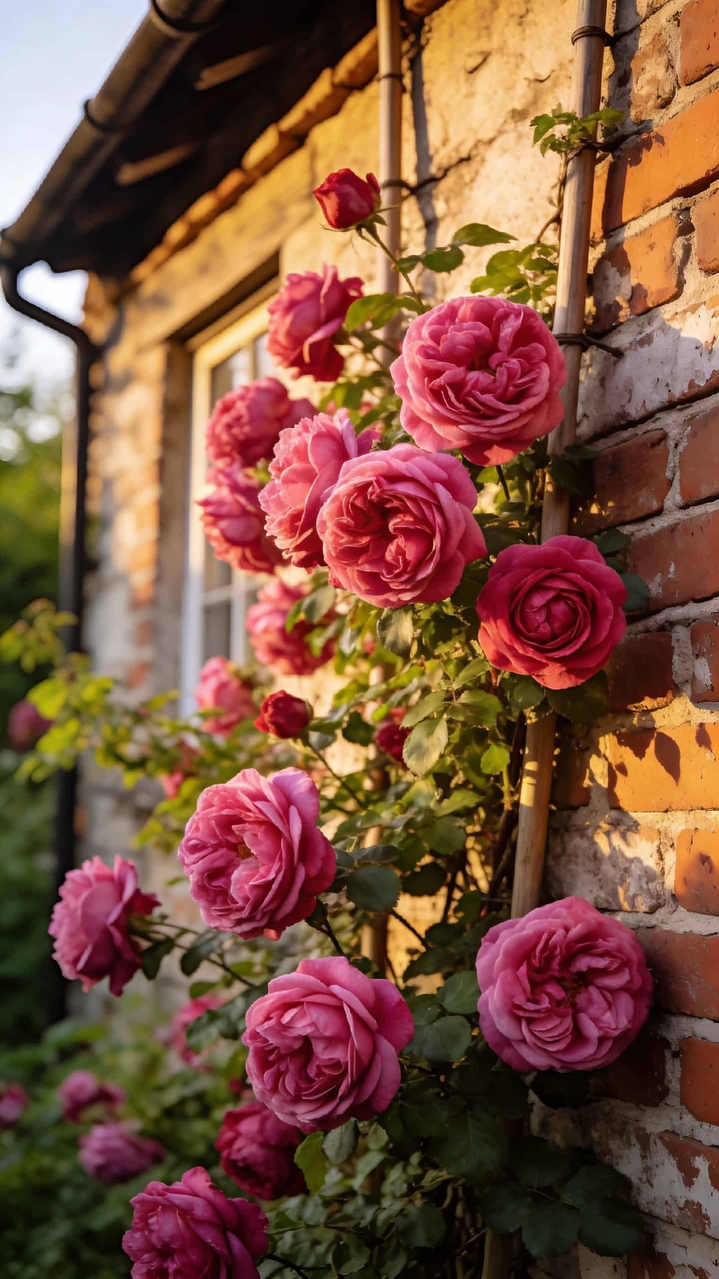Zephirine Drouhin climbing rose growing against brick cottage wall with deep pink flowers
