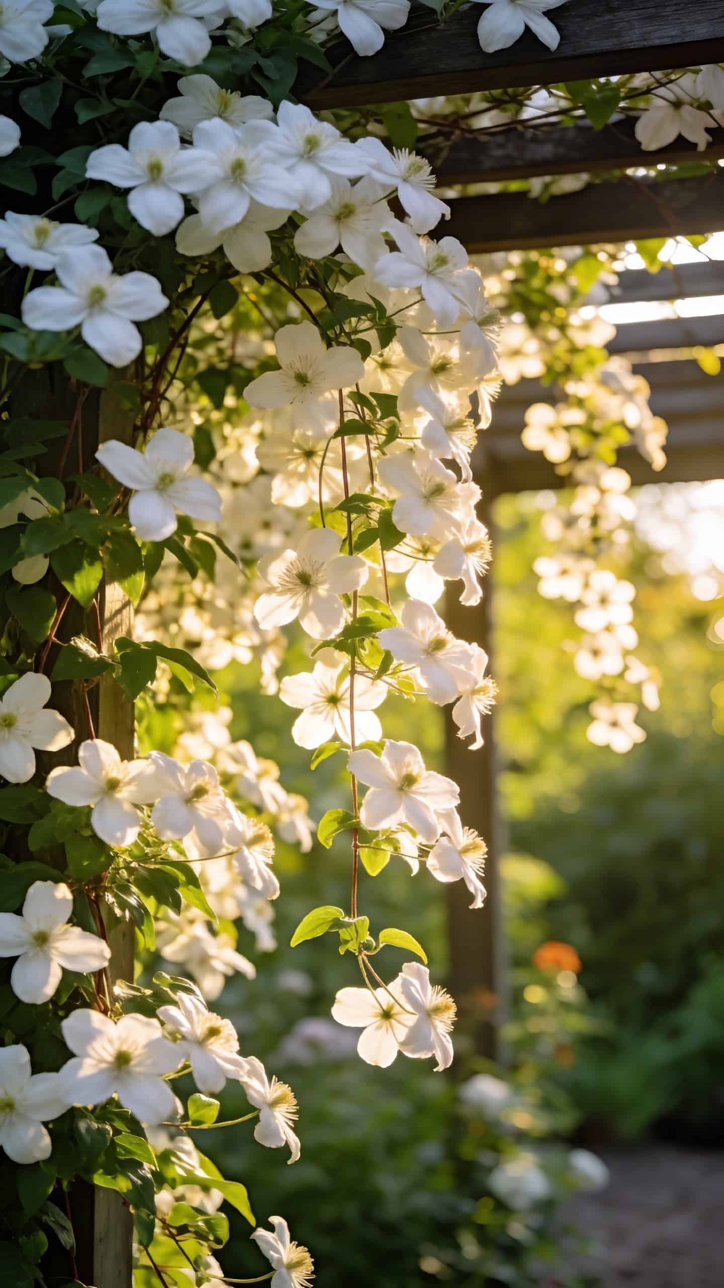 Sweet Autumn Clematis covered pergola filled with small white flowers in late summer