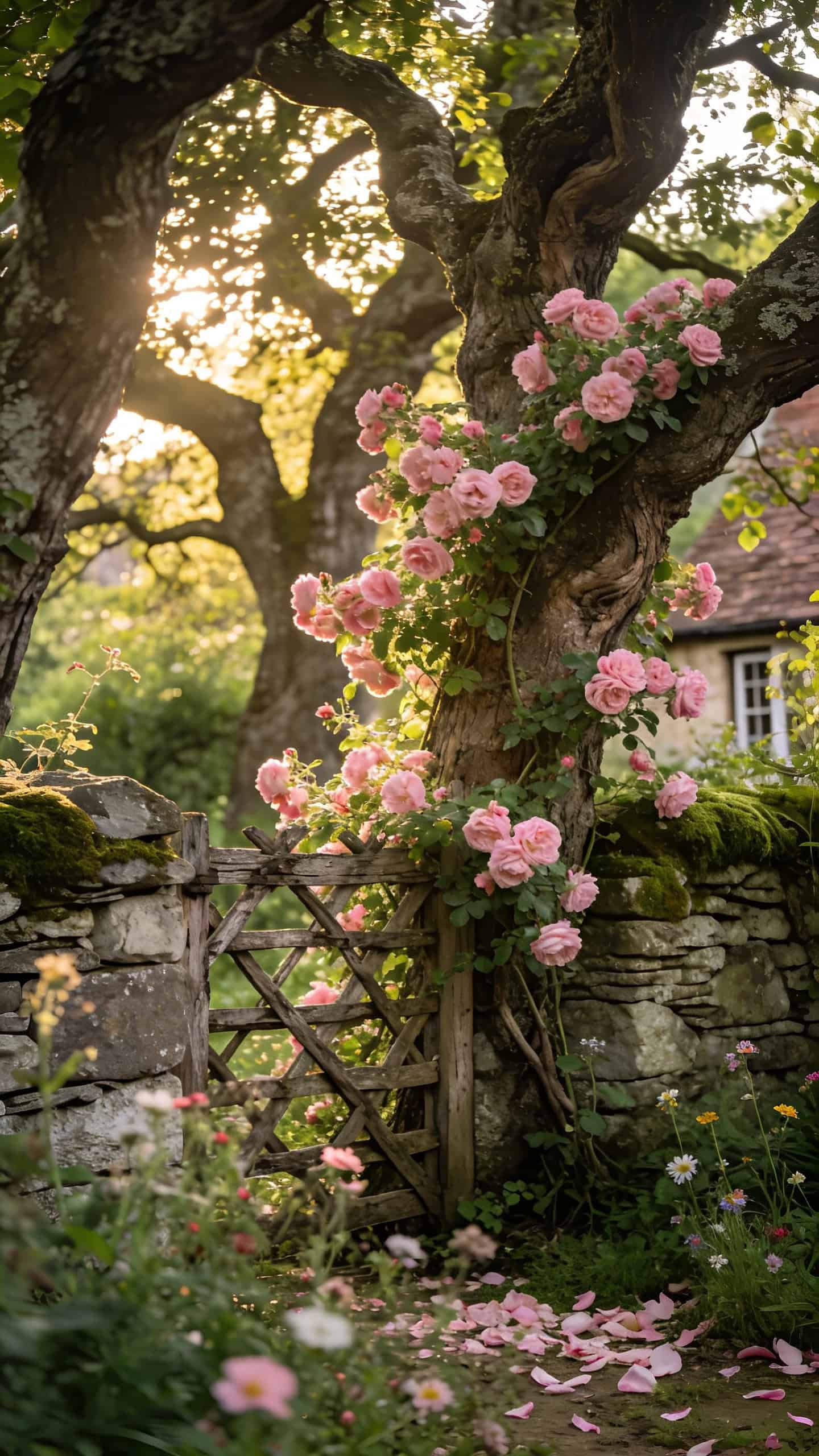 Rambling Rector rose climbing through mature trees in romantic English cottage garden