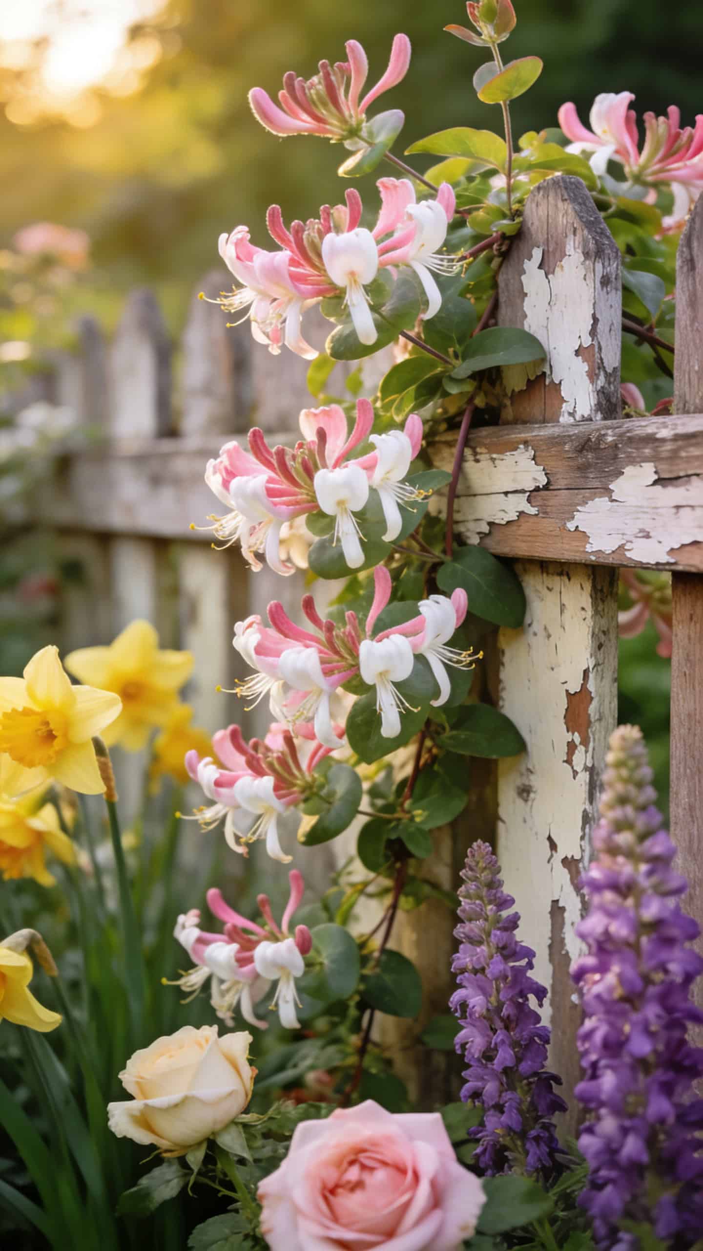 Fragrant honeysuckle vine climbing weathered fence surrounded by cottage garden flowers
